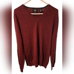 Calvin Klein Sweater Men's L Burgundy 100% Extra Fine Merino Wool Knit V-Neck